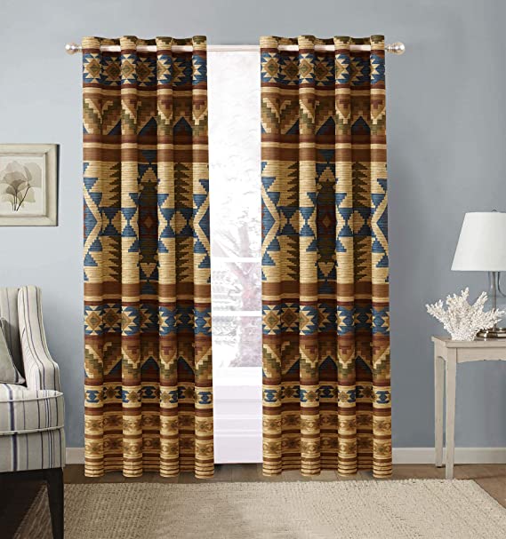 Photo 1 of Austin Rustic Western Southwest Native American Window Treatment Grommet Curtain Set in Beige Taupe Brown Blue and Green Colors - Austin Curtains (Taupe, Microfiber)
