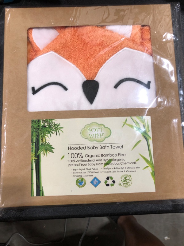 Photo 2 of Fox Style Bamboo Baby Hooded Bath Towel & Washing Glove Set - Size 40x28”, Soft and Comfortable, Ultra Absorbent, 100% Natural for Baby (Orange)
