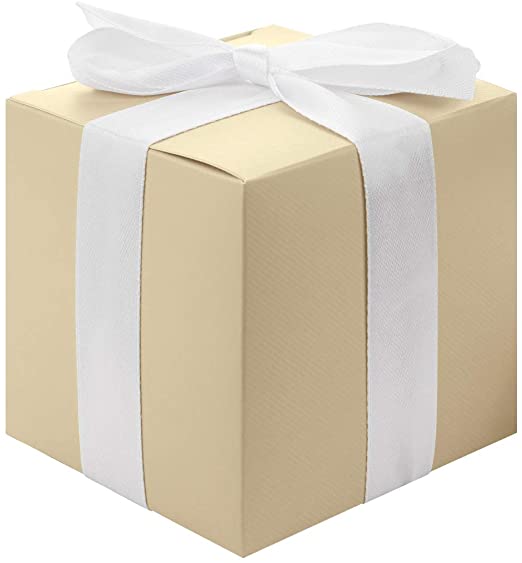 Photo 1 of Andaz Press Gift Favor Tuck Boxes, 3 x 3 x 3 Cube Favor Box with Satin Ribbon Bulk 50-Pack (Champagne)
