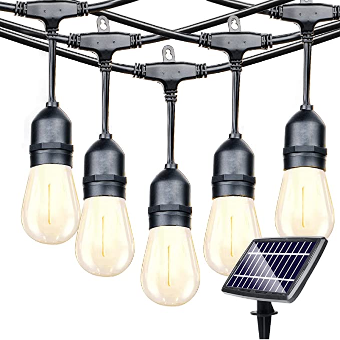Photo 1 of 48FT Solar Outdoor String Lights, Waterproof Cafe Patio Lights with 16 Shatterproof LED Bulbs, Commercial Grade 2700K Warm White, Create Bistro Ambience On Your Garden Porch Gazebo Backyard Decorative
