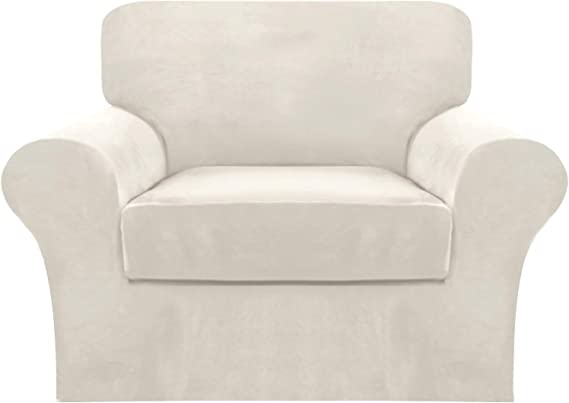 Photo 1 of 2 Piece Chair Cover Sofa Covers Velvet Chair Covers for Living Room Chair Slipcovers with Individual Cushion Covers Elastic Furniture Protector for Pets, Machine Washable,(Armchair, Ivory)
