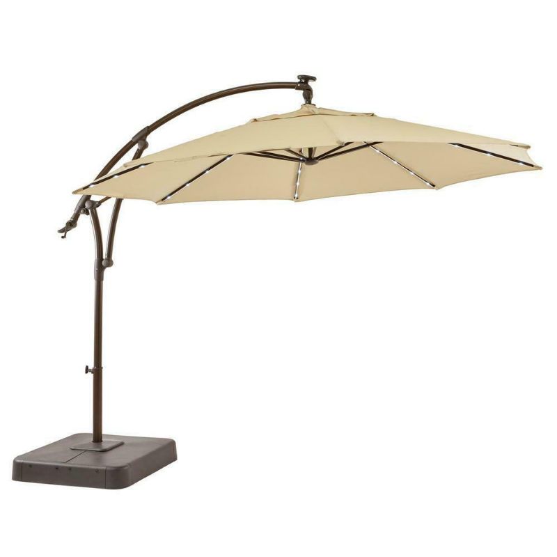 Photo 1 of 11 ft. Aluminum Cantilever Solar LED Offset Outdoor Patio Umbrella in Putty Beige