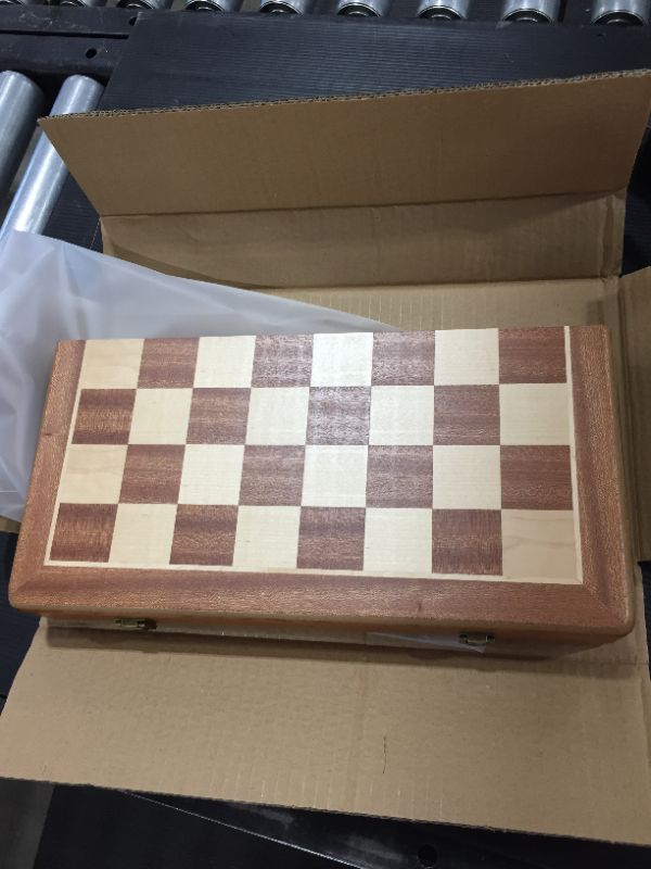 Photo 3 of A&A 15 inch Wooden Folding Chess & Checkers Set w/ 3 inch King Height Staunton Chess Pieces - Mahogany Box w/ Mahogany & Maple Inlay