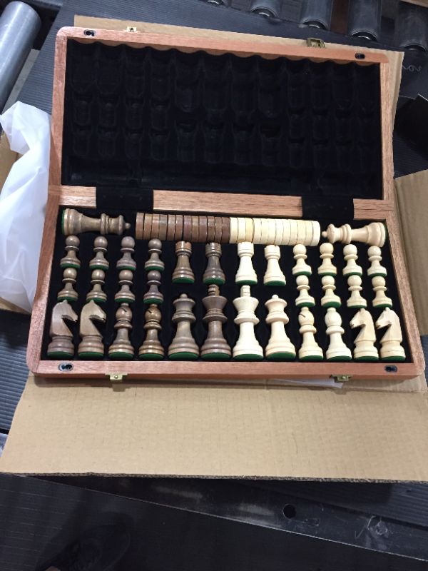 Photo 2 of A&A 15 inch Wooden Folding Chess & Checkers Set w/ 3 inch King Height Staunton Chess Pieces - Mahogany Box w/ Mahogany & Maple Inlay