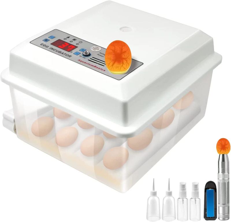 Photo 1 of AquariumBasics Egg Hatching Incubator with Egg Turner Function Automatic Poultry Hatcher Machine with Led Candler Function and Temperature Control for Hatching Eggs, Quail Goose Turkey