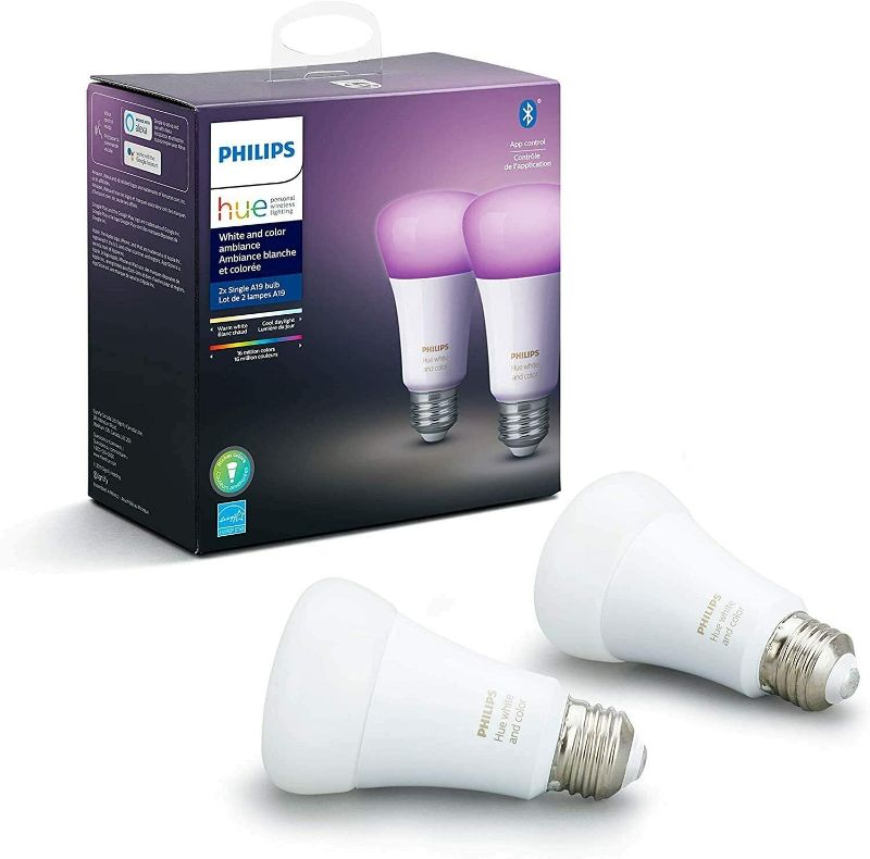 Photo 1 of Philips Hue White and Color Ambiance 2-Pack A19 LED Smart Bulb, Bluetooth & Zigbee compatible (Hue Hub Optional), Works with Alexa & Google Assistant