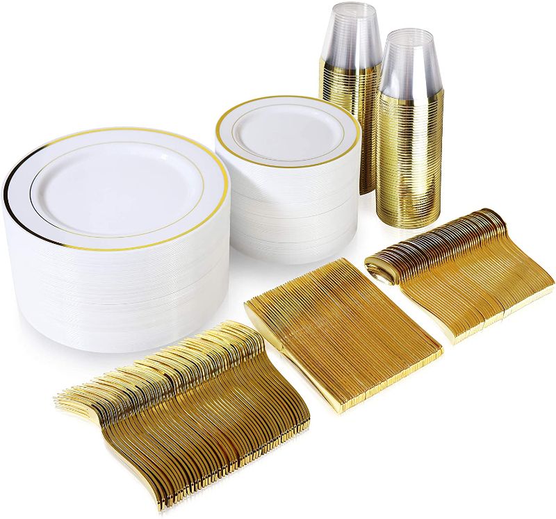 Photo 1 of 600 Piece Gold Dinnerware Set – 200 White and Gold Plastic Plates – Set of 300 Gold Plastic Silverware – 100 Gold Plastic Cups – Disposable Gold Dinnerware Set for Party or Wedding up to 100 Guests
