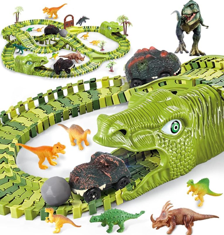 Photo 1 of Deeak Dinosaur Toys for Kids Gift,286pcs Dinosaur Theme World Race Toy with 240 Flexible Track Playset, 10 Dinosaurs, 2 Dinosaur Cars