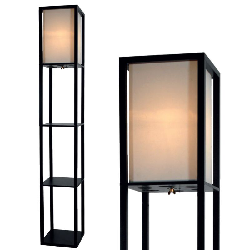 Photo 1 of 69400-21 Floor Lamp with Shelves and White Cotton Linen Lamp Shade (Black)