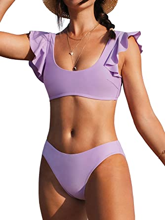 Photo 1 of CUPSHE Women's Ruffle Bikini Set Low Waisted Purple Scoop Bralette Bathing Suit (M)
