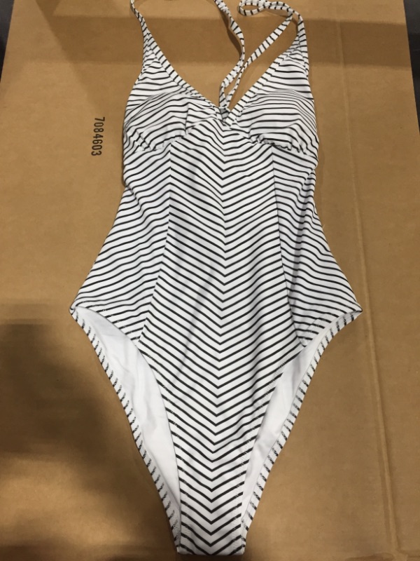 Photo 2 of Black And White Stripe V-Neck One Piece Swimsuit (XS)
