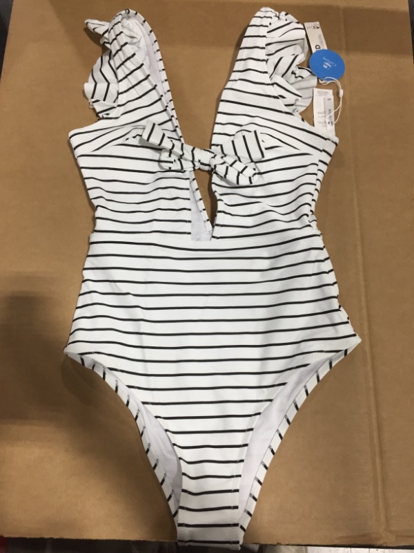 Photo 1 of CUPSHE White And Black Stripe Ruffle One Piece Swimsuit (XS)
 