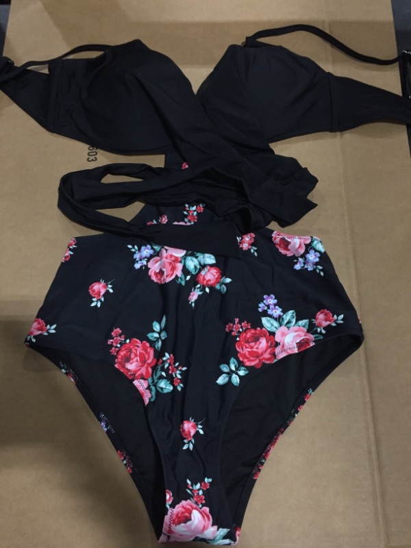 Photo 2 of CUPSHE Black And Floral Wrap Cutout One Piece Swimsuit (L)
