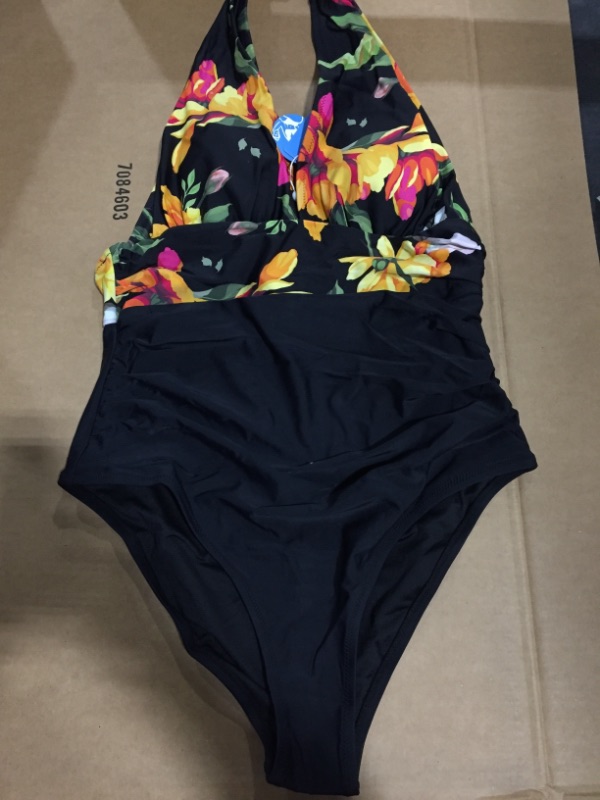 Photo 2 of CUPSHE Floral And Black Plunge Halter One Piece Swimsuit (L)

