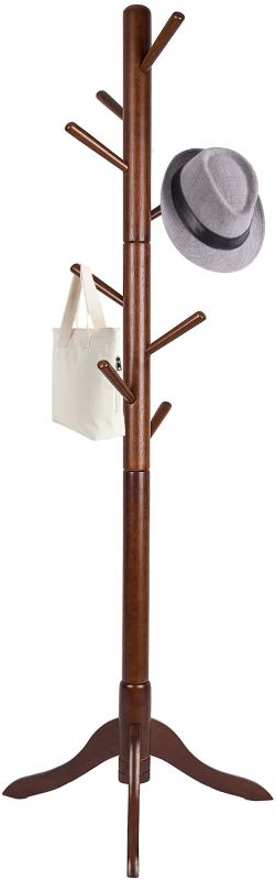 Photo 1 of Vlush Free Standing Coat Rack, 8 Hooks Wooden Coat Hat Tree Coat Hanger Holder Enterway Hall Tree with Solid Rubber Wood Base for Coat, Hat, Clothes, Scarves, Handbags, Umbrella-Coffee
