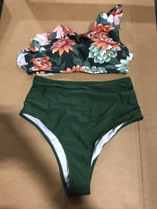 Photo 2 of Dark Green Floral One Shoulder Ruffle High Waisted Bikini (M)
 