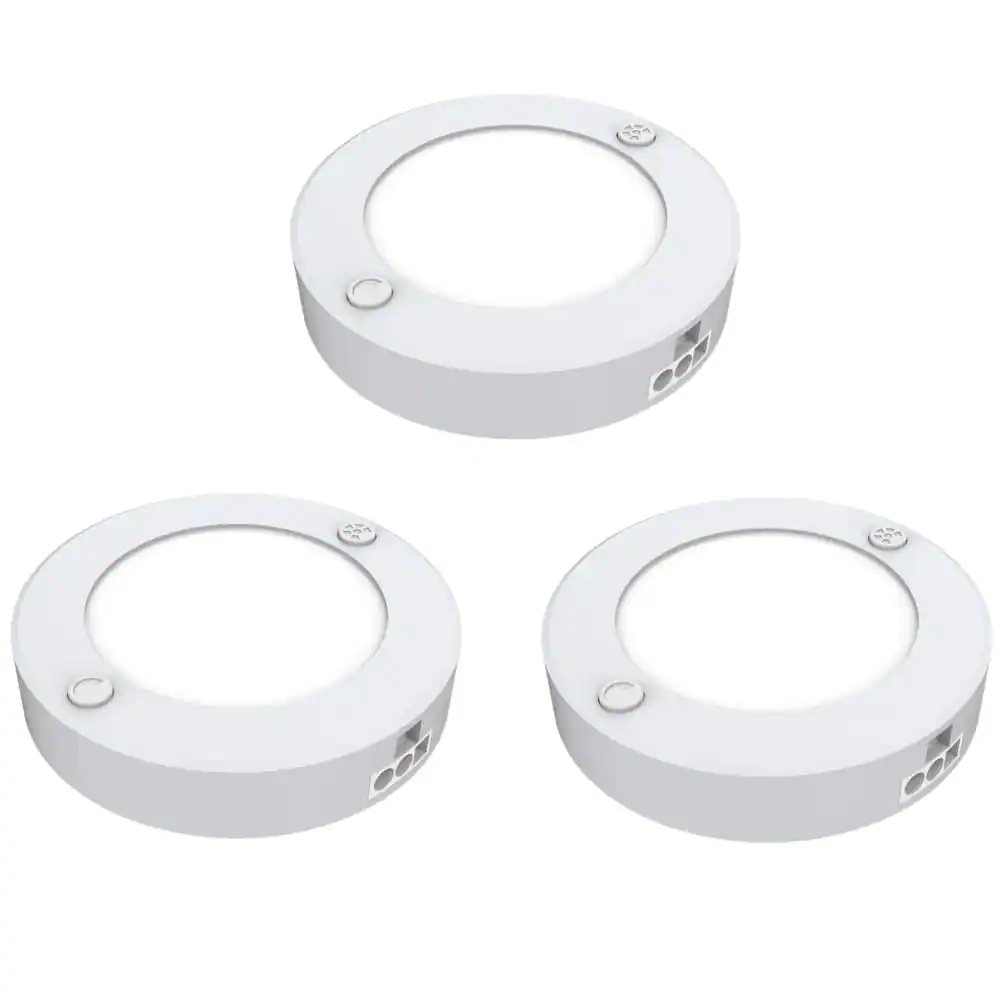 Photo 1 of 3 in. Plug-in White Linkable Onesync Under Cabinet Integrated LED Puck Light with Color Changing CCT (3-Pack)
