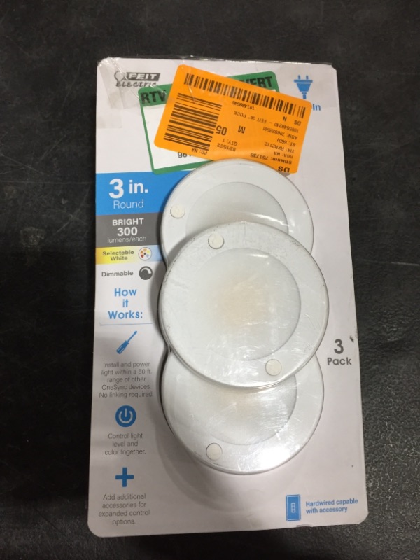 Photo 1 of 3 in. Plug-in White Linkable Onesync Under Cabinet Integrated LED Puck Light with Color Changing CCT (3-Pack)
