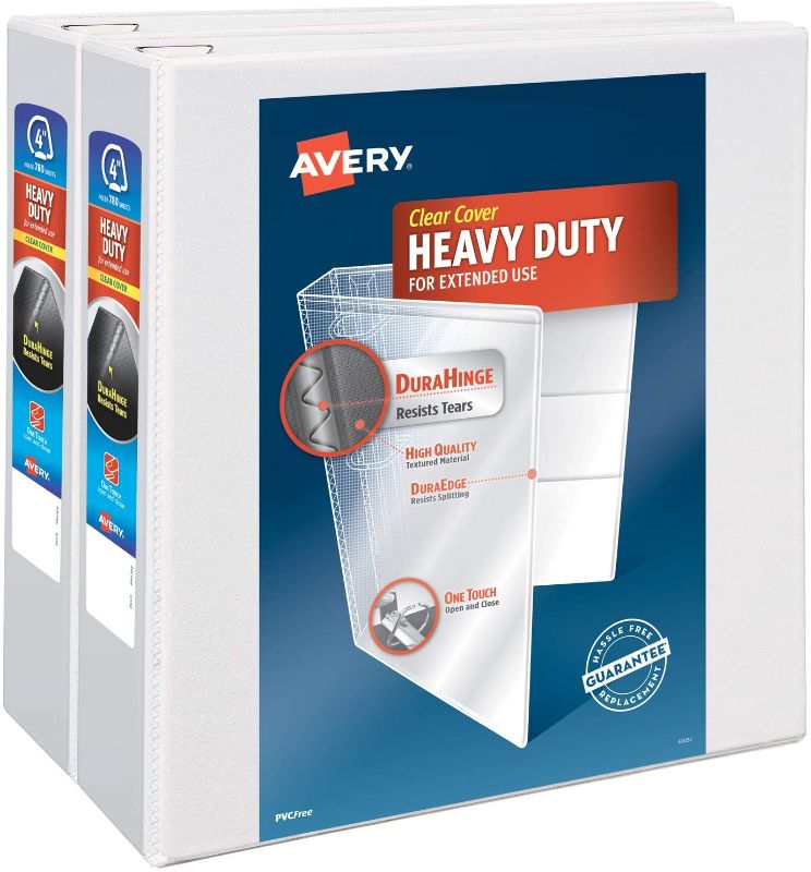 Photo 1 of Avery Heavy Duty View 3 Ring Binder, 4" One Touch Slant Ring, Holds 8.5" x 11" Paper, 2 White Binders (79875)
