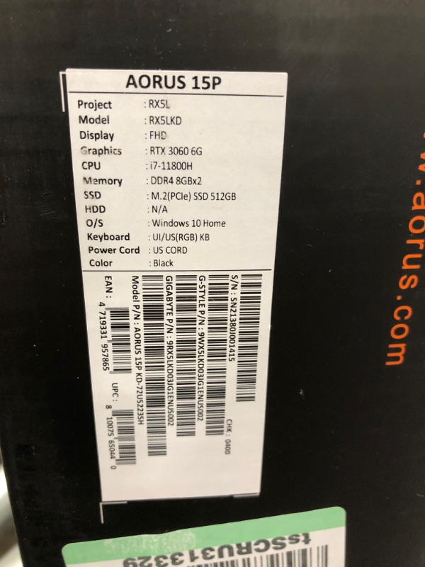 Photo 1 of GIGABYTE AORUS 15P KD - 15.6" FHD IPS Anti-Glare 240Hz, Intel Core i7, NVIDIA GeForce RTX 3060 Laptop GPU 6GB GDDR6, 16GB Memory, 512GB SSD, Win10 Home, Gaming Laptop (AORUS 15P KD-72US223SH)
