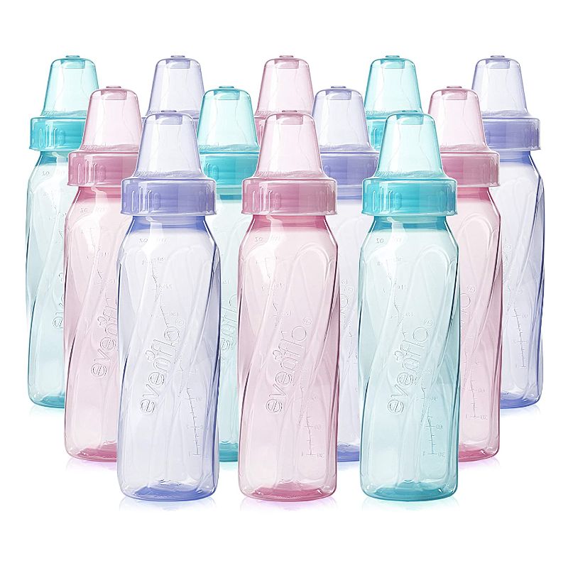 Photo 1 of Evenflo Feeding Classic Tinted Plastic Standard Neck Bottles for Baby, Infant and Newborn, Pink/Lavender/Teal, 8 Ounce (Pack of 12)
