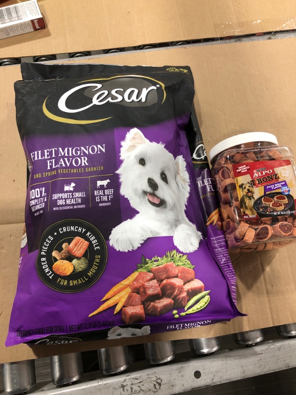 Photo 3 of CESAR Small Breed Dry Dog Food Filet Mignon Flavor with Spring Vegetables Garnish Dog Kibble, 12 lb. Bag EXP 01/2023, and treats 