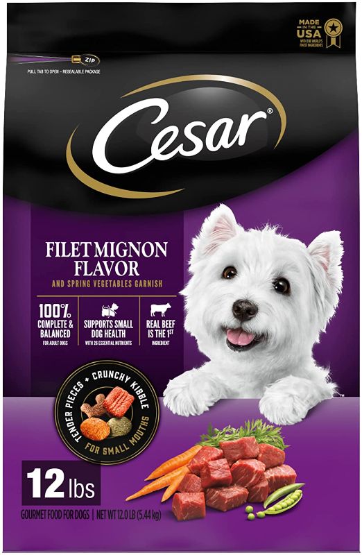 Photo 1 of CESAR Small Breed Dry Dog Food Filet Mignon Flavor with Spring Vegetables Garnish Dog Kibble, 12 lb. Bag EXP 01/2023, and treats 