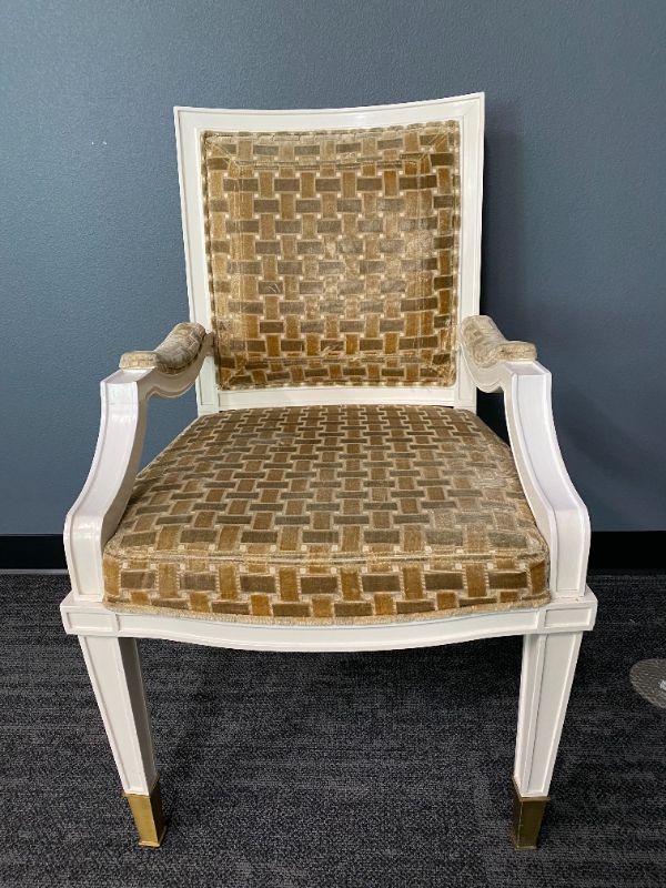 Photo 1 of BROWN DESIGNED FABRIC DINING CHAIR PADDED ARMS 21L X 23W X 37H INCHES