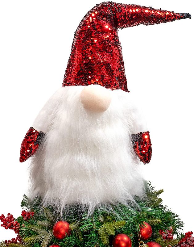 Photo 1 of 28" Christmas Gnome Tree Topper, Red Sequins Hat Gnome Plush Decoration, for Tree Top, Fireplace, Tabletop, Under Christmas Tree