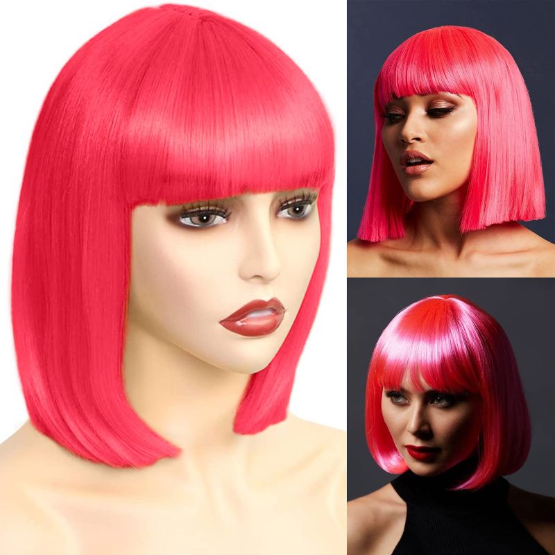 Photo 1 of Akkya Hot Pink Bob Wigs with Bangs for Women Short Colored Straight Synthetic Hair Neon Pink Wig for Party Halloween Costume Cosplay (12inch,Hot Pink)