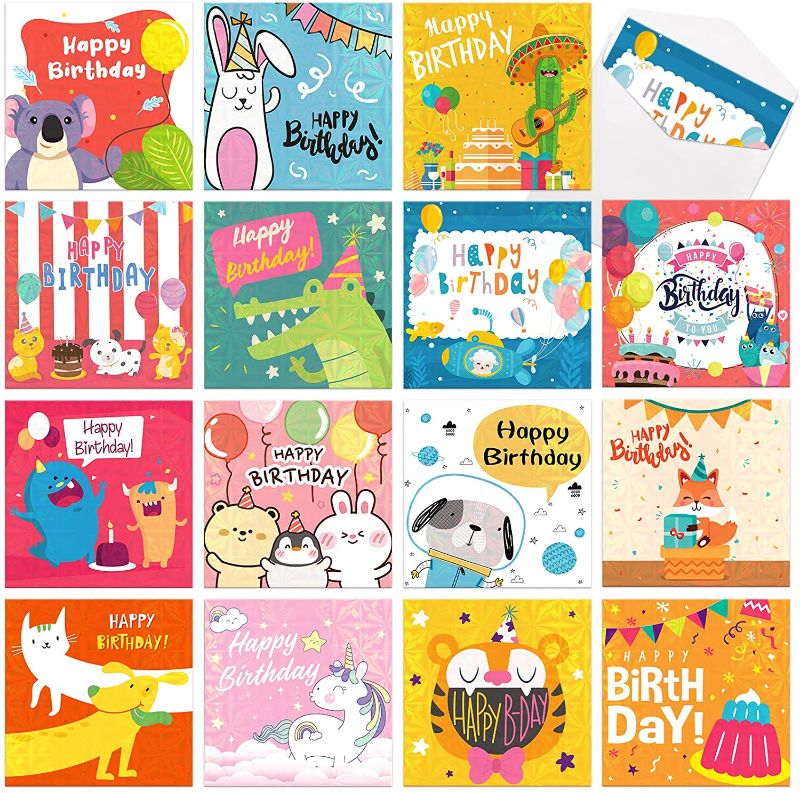 Photo 1 of 20 Packs Holographic Birthday Cards Assortment, Foil Birthday Greeting Blank Note Cards, Cartoon Animal/Dinosaur/Unicorn Designs for Pet Lovers, Classmates, Schoolmates, with 20 Envelopes and Stickers