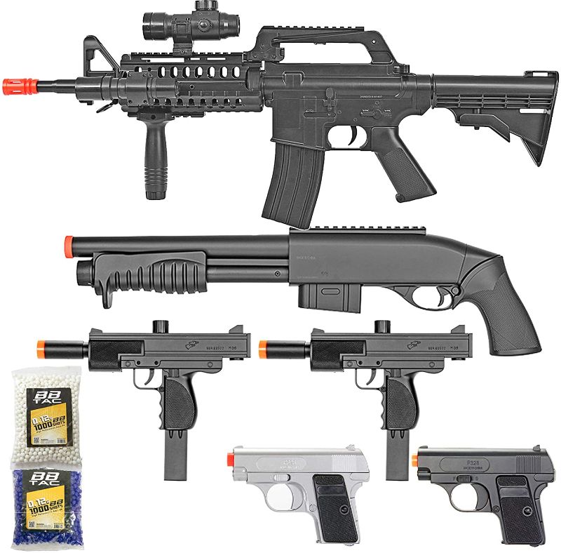 Photo 1 of BBTac Airsoft Gun Package - Dark Ops - Collection of Airsoft Guns - Powerful Spring Rifle, Shotgun, Two SMG, Mini Pistols and BB Pellets, Great for Starter Pack Game Play