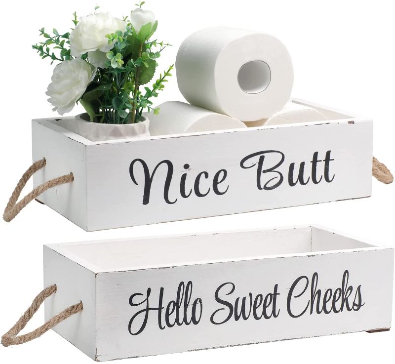 Photo 1 of FUIN Hello Sweet Cheeks Wood Funny Bathroom Decor Box Tray for Toilet Tissue Paper, White