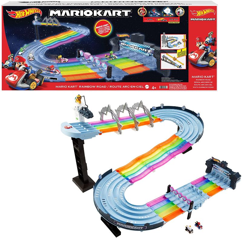 Photo 1 of Hot Wheels Mario Kart Rainbow Road Raceway 8-Foot Track Set with Lights & Sounds & 2 1:64 Scale Vehicles, Race with 5-Track Colorful Course with 2 Configurations, Toy Gift for Kids
