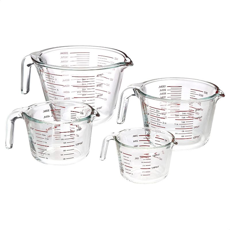 Photo 1 of  Glass Measuring Cup Set, 4 Piece Set Includes 1 Cup, 2 Cup, 4 Cup, and 8 Cup
