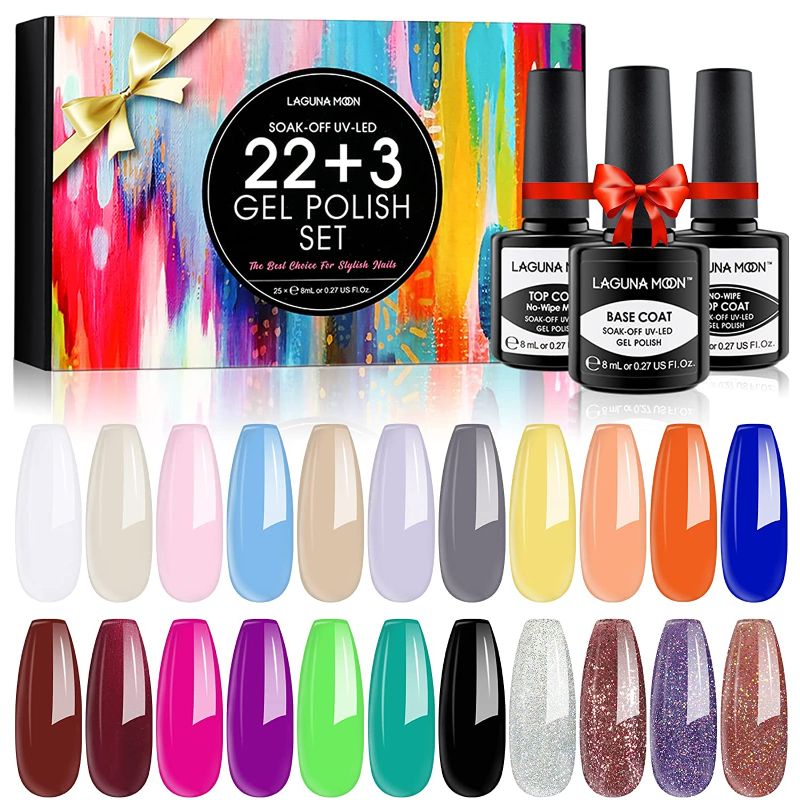 Photo 1 of Lagunamoon 25 Pcs Gel Nail Polish Set, 8ml Soak off Nail Polish Set Neon Blue Green Yellow Glitter with Glossy & Matte Top Base Coat, Gel Nail Starter Kit Manicure Salon Gift Set
