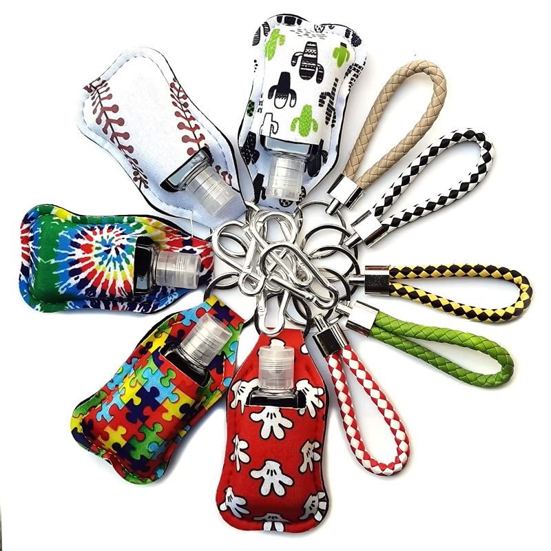Photo 1 of 20PCS Hand Sanitizer Holder Keychain Set, Travel Size Bottle Holder Refillable Containers for Soap, Lotion, and Liquids with 5 Woven Key Chains, 5 Carabiner Clip, 5 pcs 30 ML Flip Cap Reusable Bottles

