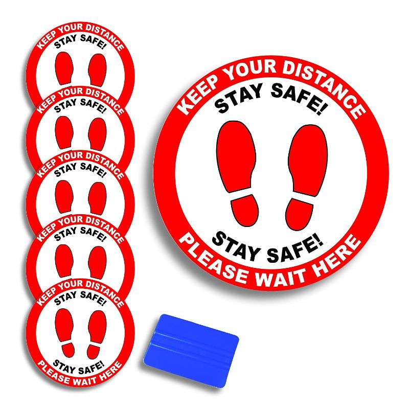 Photo 1 of 5 Pack, 12in - Social Distancing Vinyl Floor Marker Decal Kit - Please Practice Social distancing Floor Sign Covid19 Safety Sign - Non-Slip Pressure Sensitive Adhesive - Floor Decal - Floor Stickers
