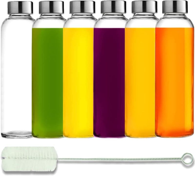 Photo 1 of Brieftons Glass Water Bottles With Caps: Clear, 6 Pack, 18 Oz, Leakproof Lids, Premium Soda Lime, Best As Reusable Drinking Bottle, Sauce Jar, Juice Beverage Container, Kefir Kit, With Cleaning Brush
