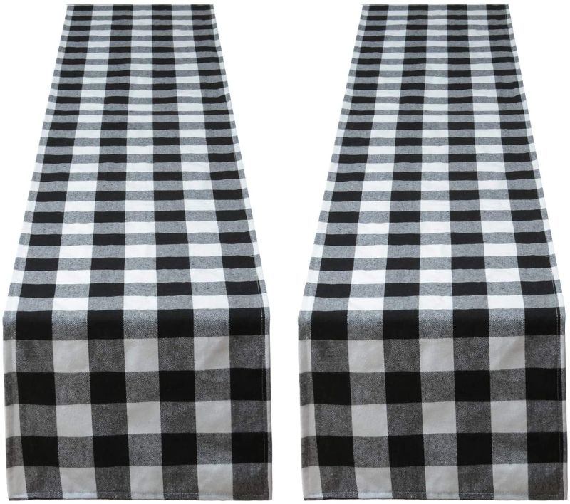 Photo 1 of ANECO 2 Pack Checkered Table Runner Cotton Table Runner Trendy Modern Plaid Design Table Runner Elegant Decor for Indoor Outdoor Events 13 x 108 Inches Black and White
