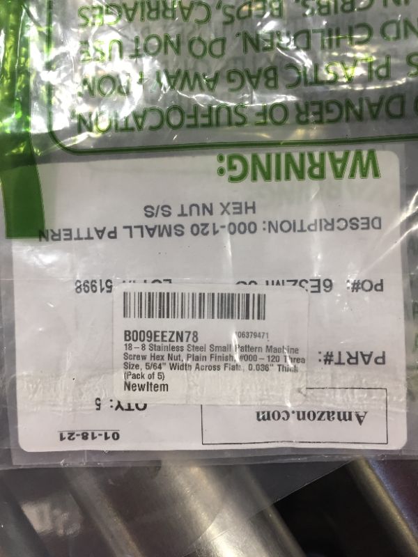 Photo 3 of 18-8 Stainless Steel Small Pattern Machine Screw Hex Nut, Plain Finish, #000-120 Thread Size, 5/64" Width Across Flats, 0.036" Thick (Pack of 5)
