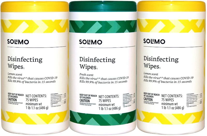 Photo 1 of Amazon Brand - Solimo Disinfecting Wipes, Lemon Scent & Fresh Scent, Sanitizes/Cleans/Disinfects/Deodorizes, 75 Count (Pack of 3)