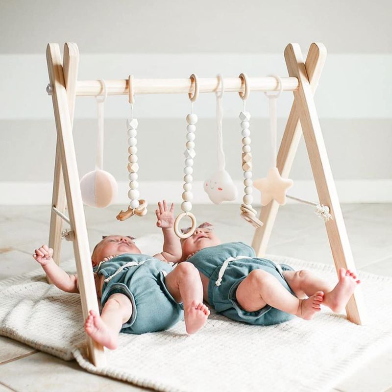Photo 1 of funny supply Wooden Baby Gym with 6 Gym Toys Foldable Baby Play Gym Frame Activity Center Hanging Bar Newborn Gift
