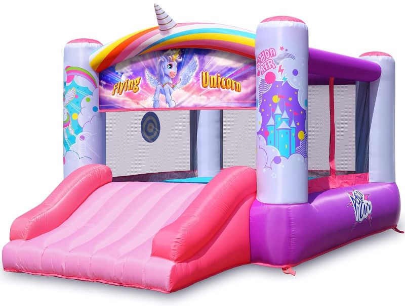 Photo 1 of Action air Bounce House, Princess Inflatable Bounce House with Blower, Pink Bouncy House for Girls, Flying Unicorn Theme Bouncy Castle, Durable Sewn and Extra Thick, for Kids(9700)