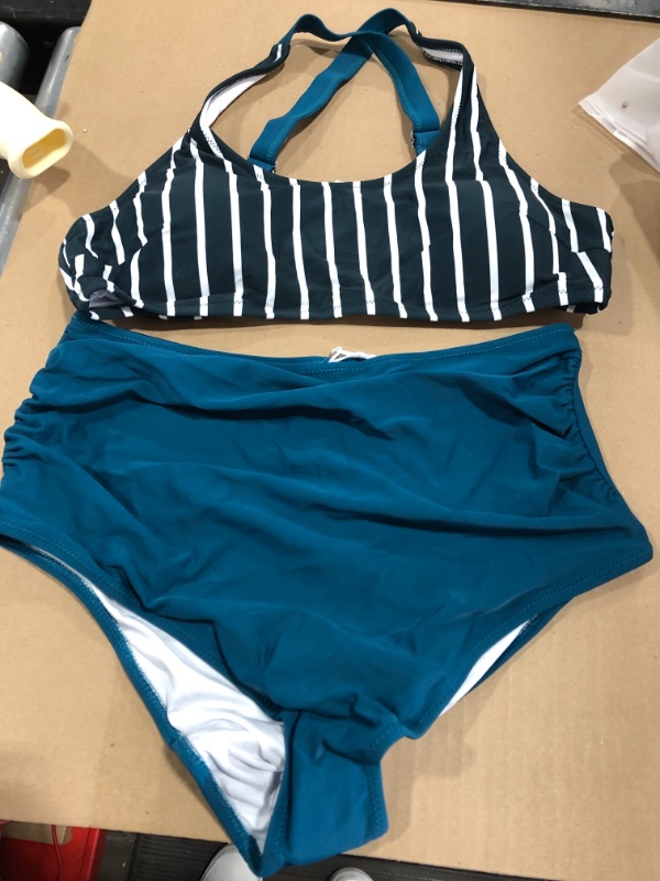 Photo 2 of Teal And White Striped High Waisted Bikini SIZE L 
