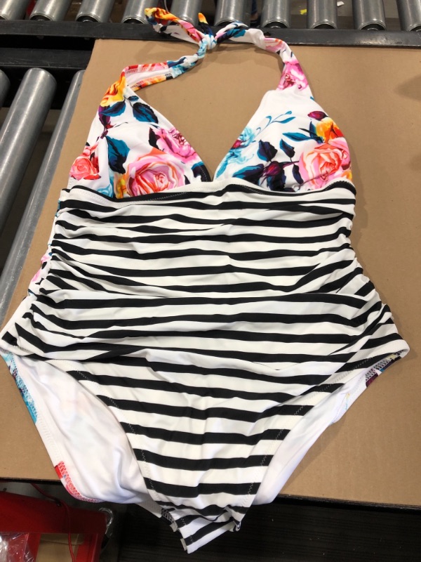 Photo 2 of Bold Floral And Stripe Halter One Piece Swimsuit SIZE XL 

