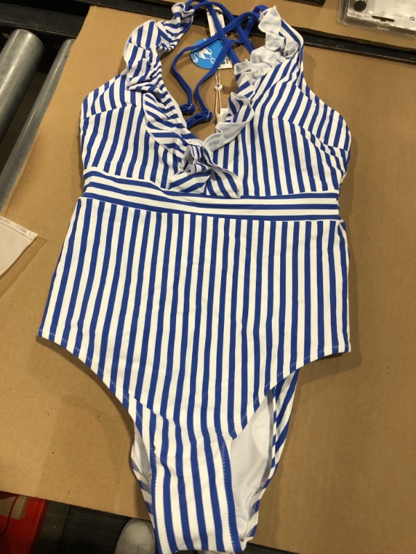 Photo 1 of 1 PIECE SWIMWEAR V-NECK  ( WHITE WITH BLUE STRIPES ) SIZE M