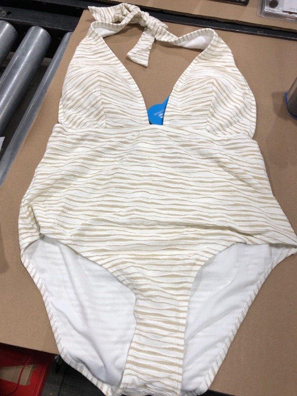 Photo 1 of 1 PIECE SWIMWEAR SIZE L ( WHITE WITH GOLD STRIPES ) 