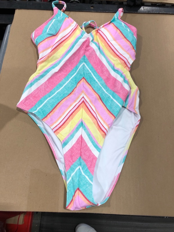 Photo 2 of Soleil Stripe V-Neck Removable Cups One Piece Swimsuit SIZE M 
