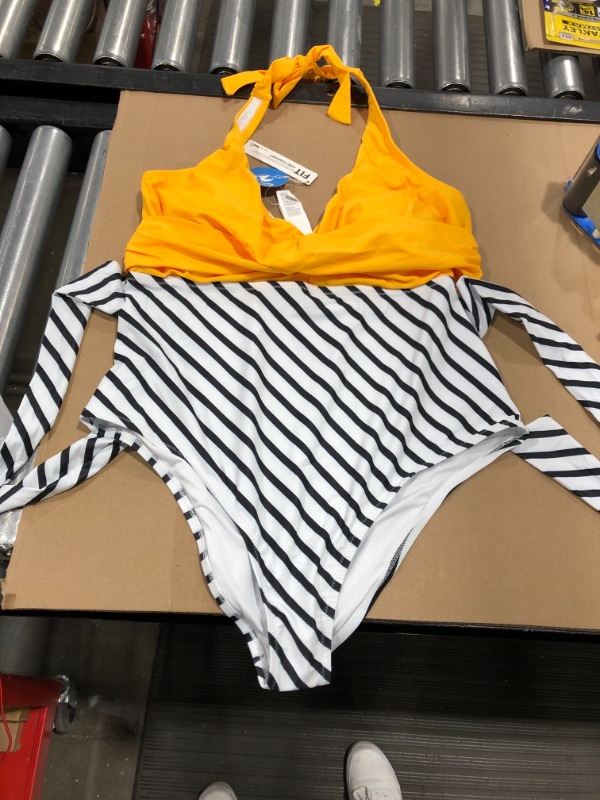 Photo 1 of 1 PIECE SWIMWEAR YELLOW TOP WITH BLACK & WHITE STRIPE BOTTOMS SIZE 1X